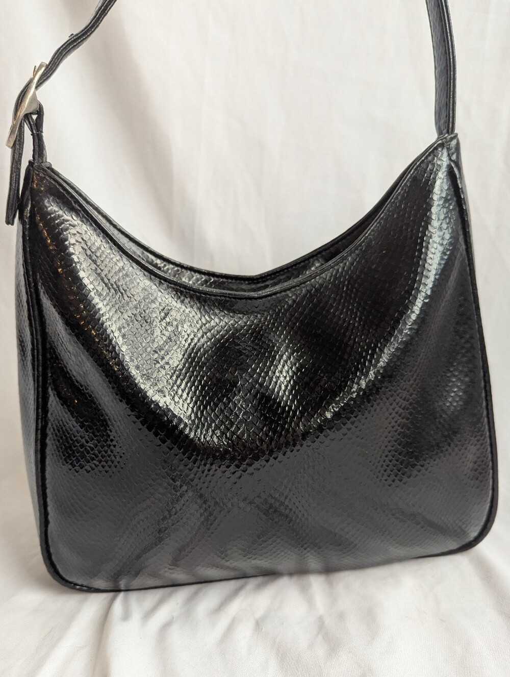 Joanel Black Embossed Patent Leather Shoulder Bag Vintage Hobo Purse